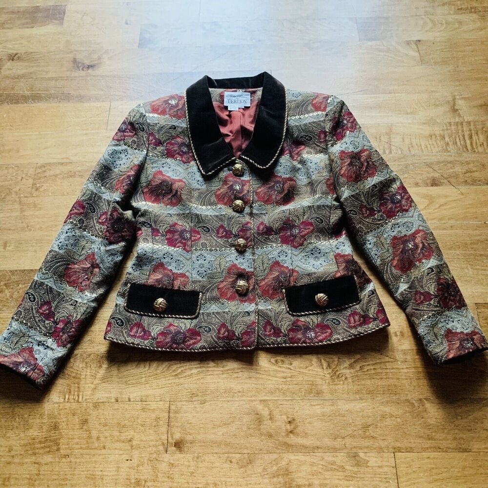 Rickie Freeman Teri Jon Neiman Marcus Gold/Black Floral Blazer/Jacket- 10 wool